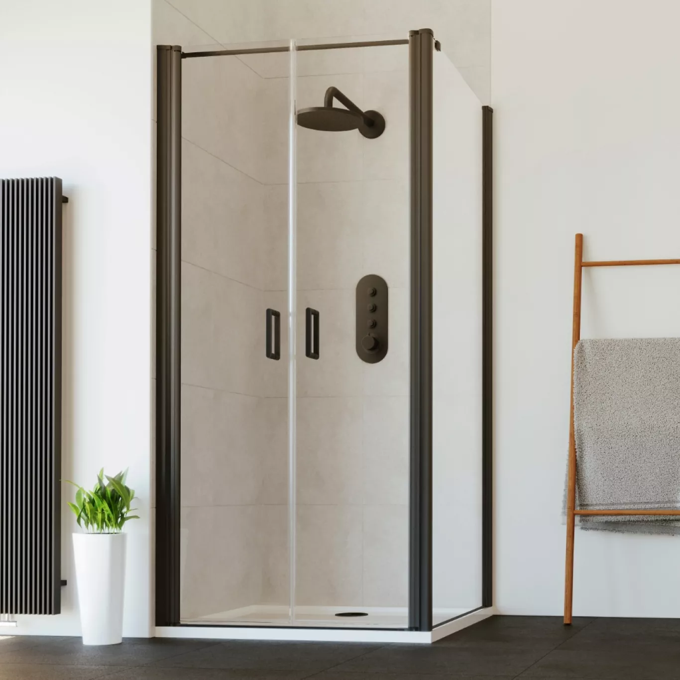 Flair Frameless Matte Black Shower in a white bathroom