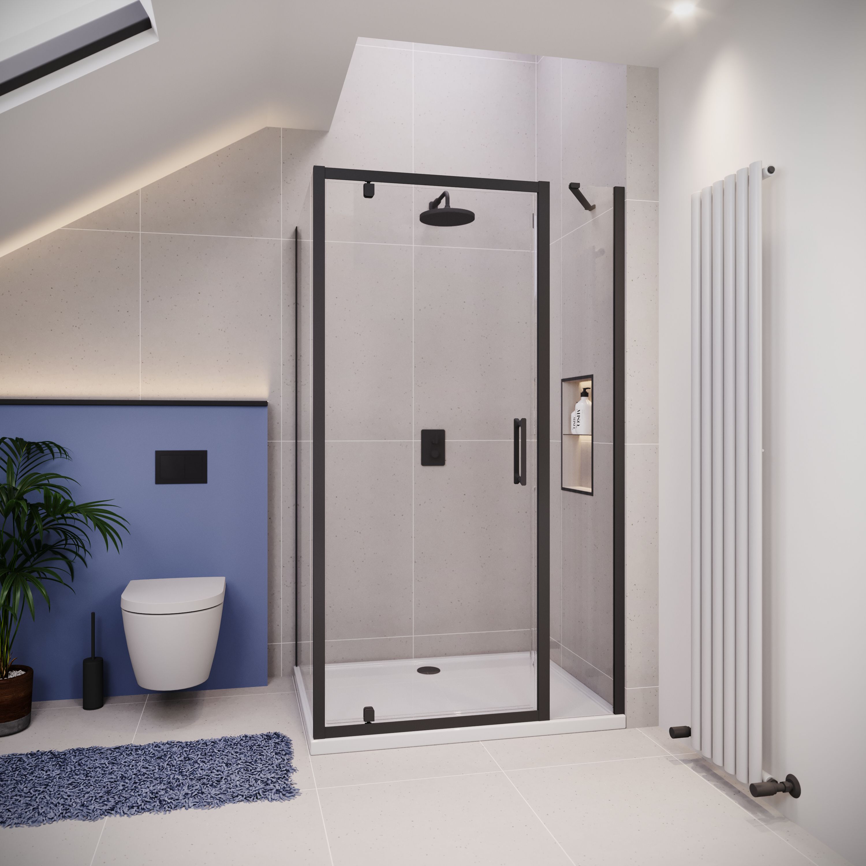 Pivot Door with Inline Panel and Frameless Side Panel