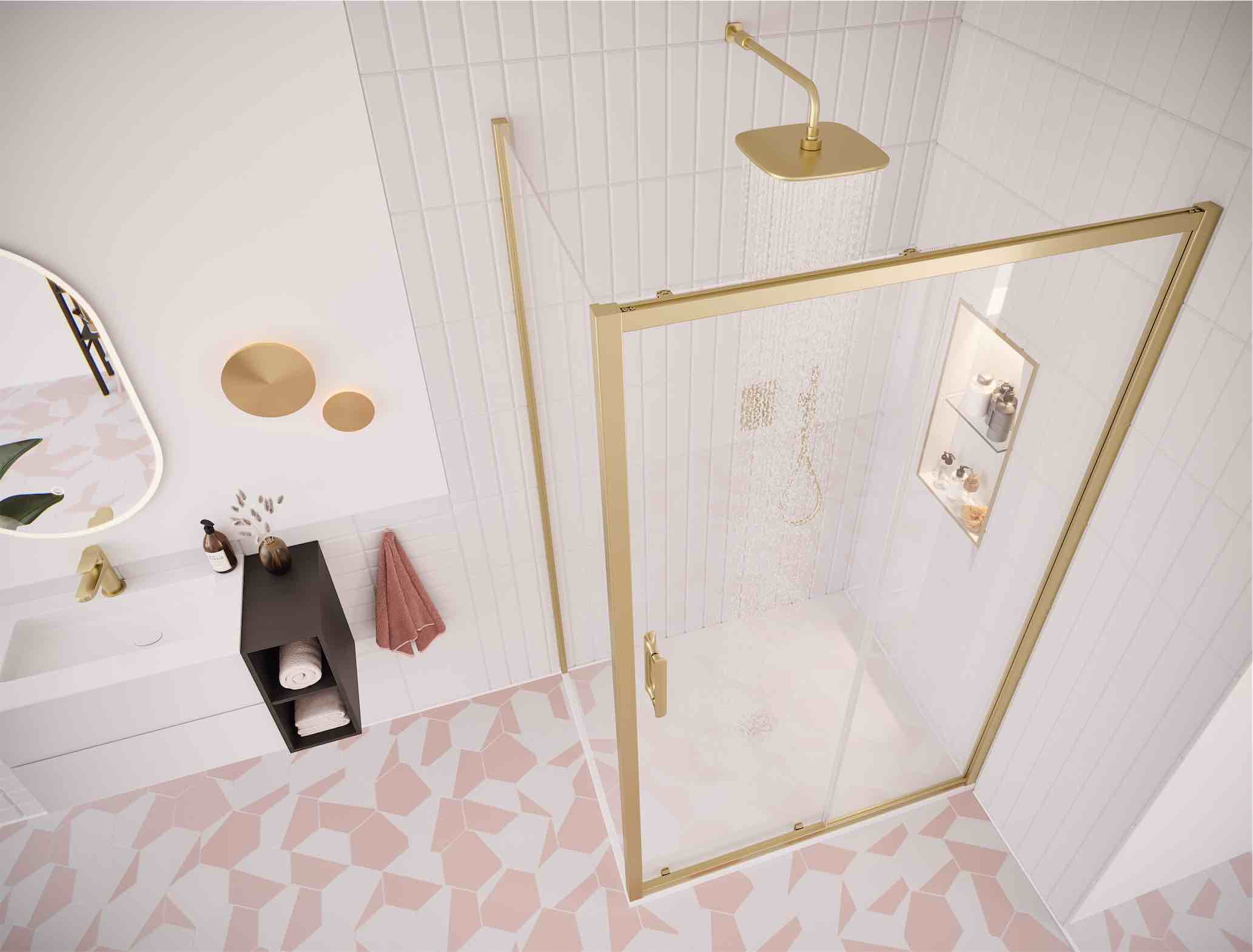 Ili Brushed Brass Bifold Door With Side Panel Overhead Shot With Water Spray R