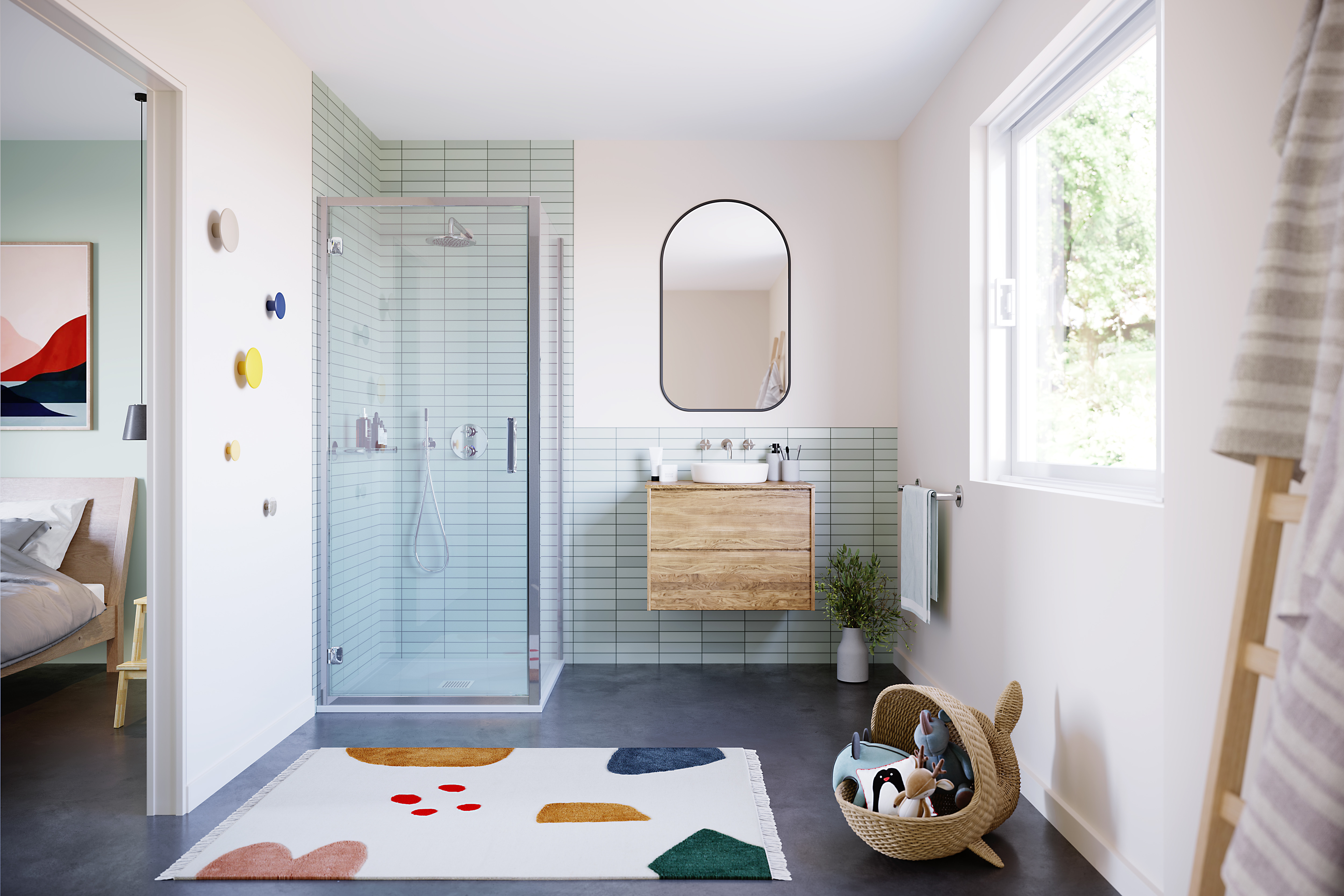 The ILI Hinge Door With Side Panel in a bathroom with lots of children's toys