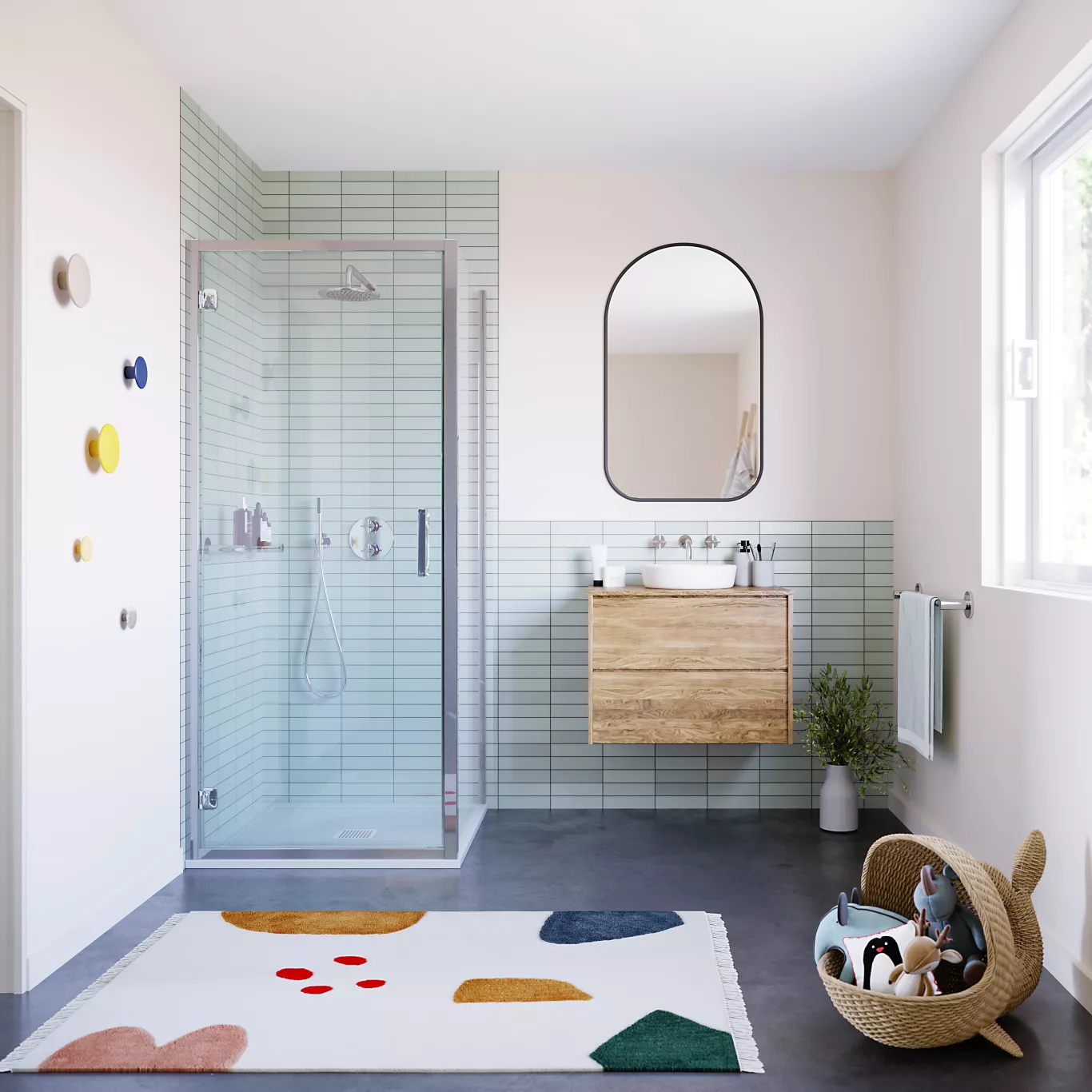 The ILI Hinge Door With Side Panel in a bathroom with lots of children's toys