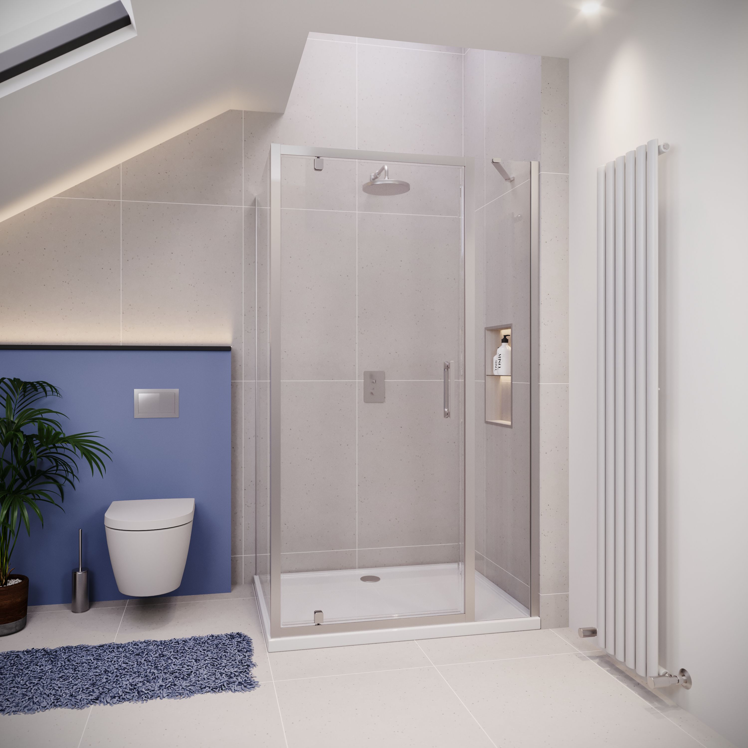 Pivot Door with Inline Panel and Frameless Side Panel
