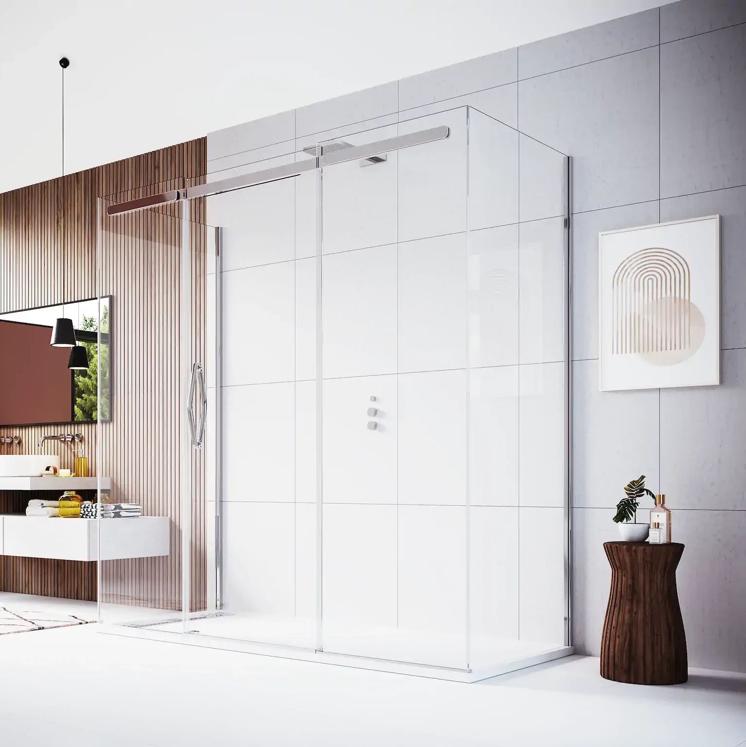 Sliding Door with Two Inline Panels and Two Frameless Side Panels